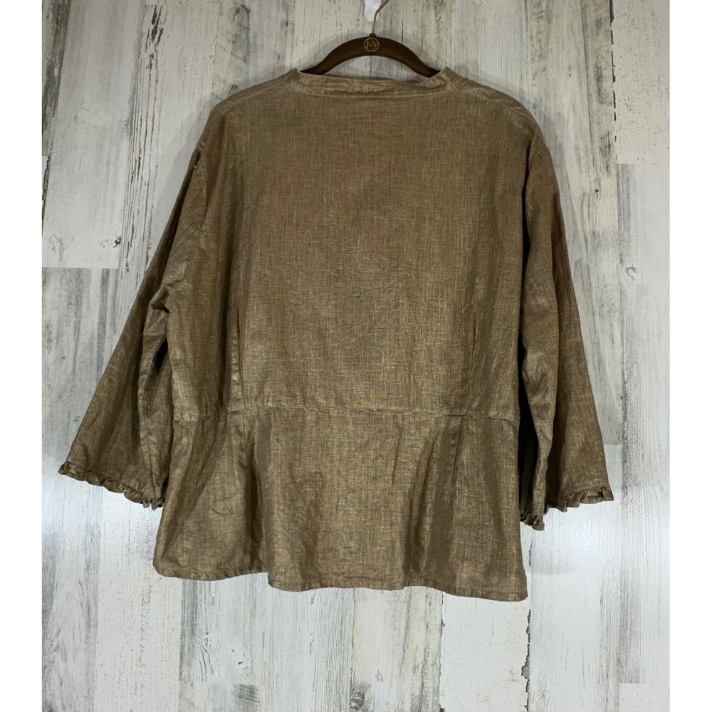 Aegean Button Front Blouse Top Size XL Linen Gold Metallic Ruffle Cuff Peplum - Picture 2 of 9